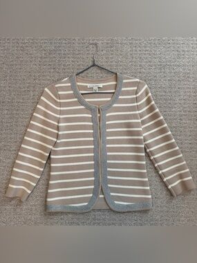 Banana Republic Taupe & Cream Striped Open Cardigan with Metallic Trim